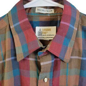 London Fog Vintage 80s Dress Shirt Men Large Colorful Plaid Button Up Top Brown